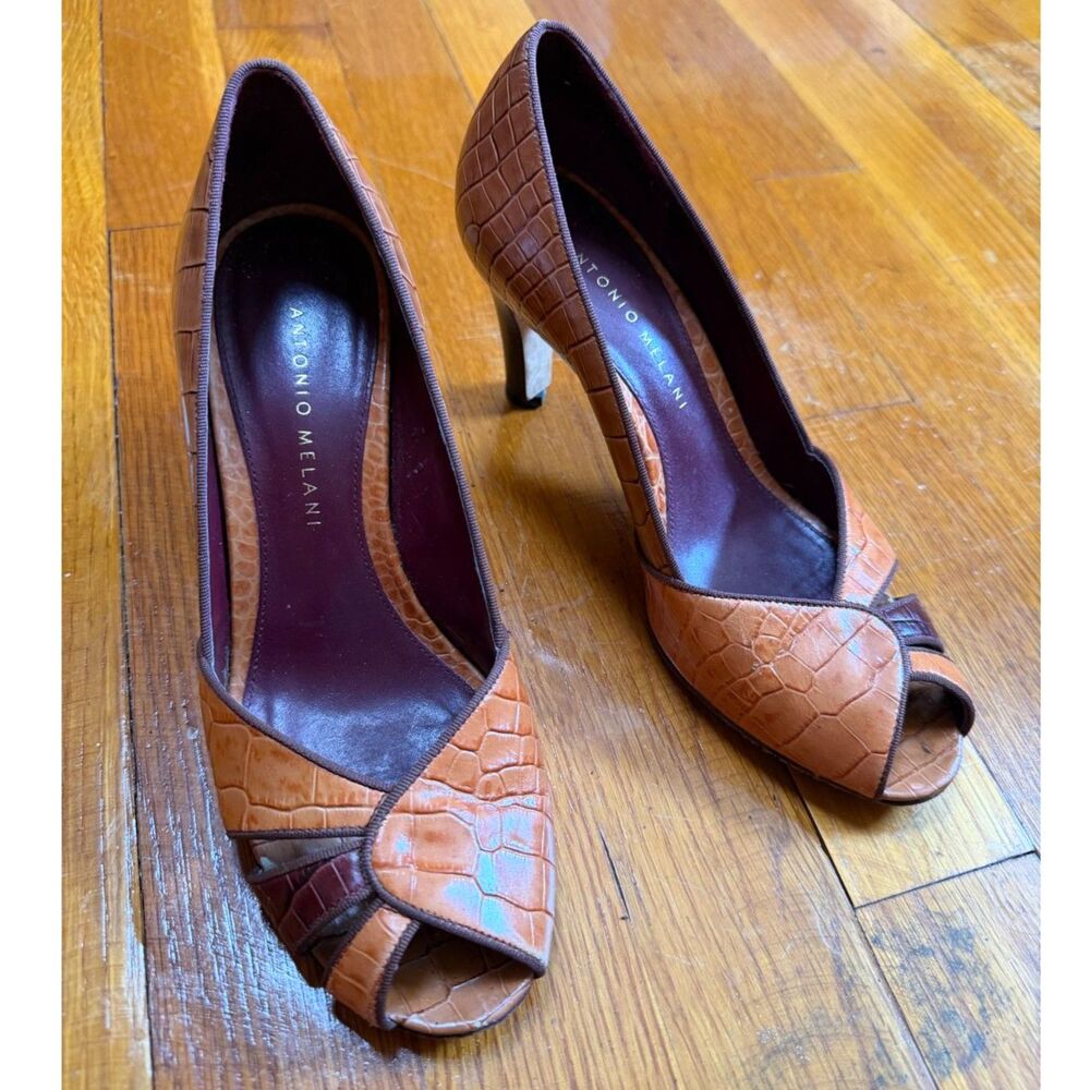 Antonio Melani Brown Crocodile Print Leather Open Toe High Heel Shoes Pumps 6